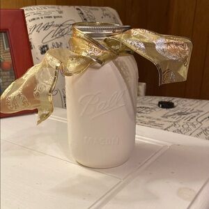 White Mason Jar with Gold Ribbon